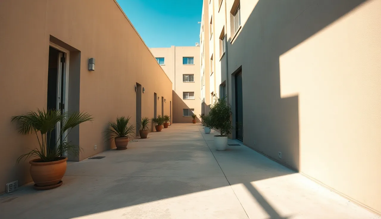Sunlit exterior hallway of a mid-rise apartment building with potted plants