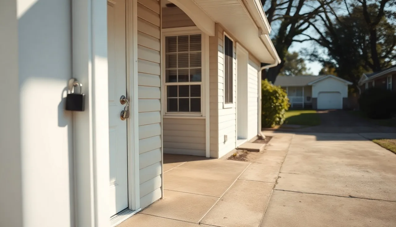Sunlit front porch of a modest rental home available for housing voucher tenants