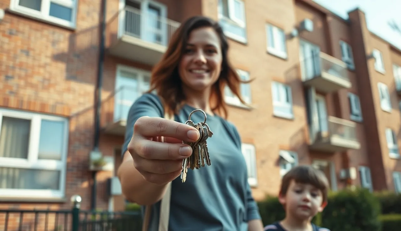 Mother and child receiving apartment keys outside a brick residential building