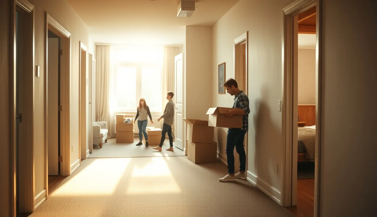 Family unpacking boxes in an apartment hallway with multiple bedroom doors open