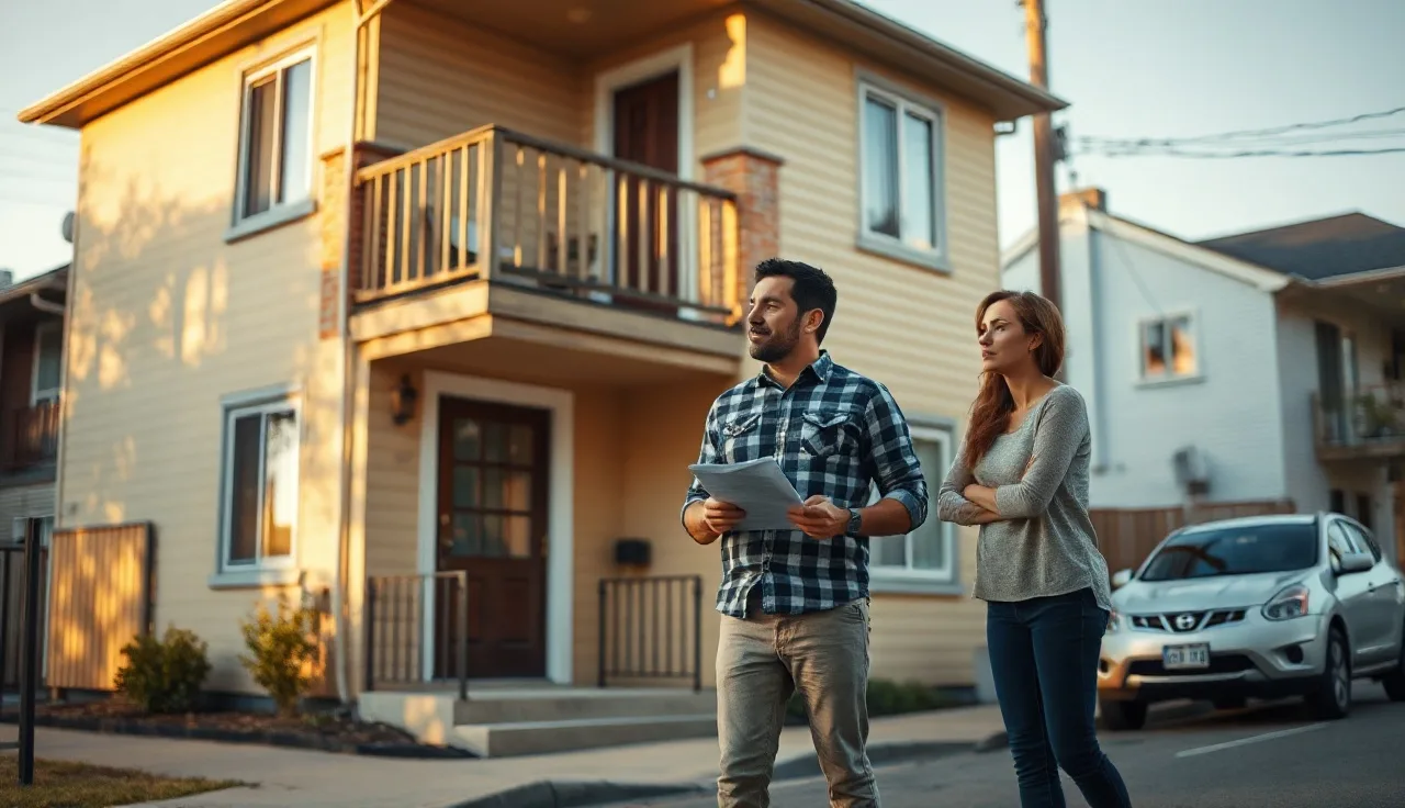 Family with documents outside an apartment building applying for HUD housing