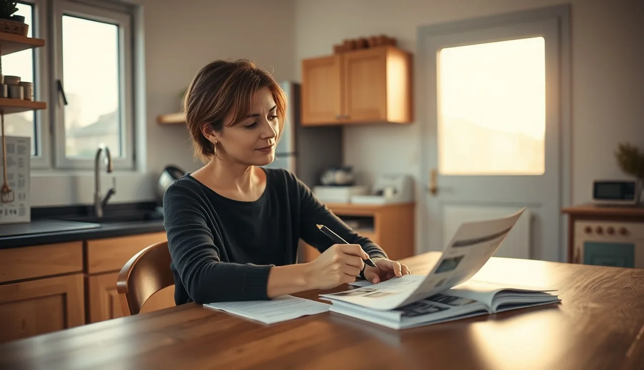 Woman reviewing FSS program documents at her apartment kitchen table
