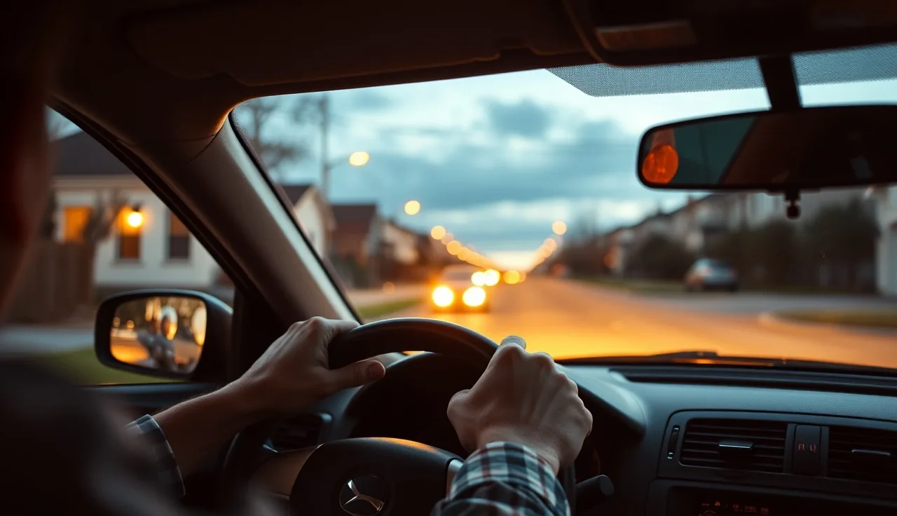 Driver's hands on steering wheel at dusk, gig economy work income concept