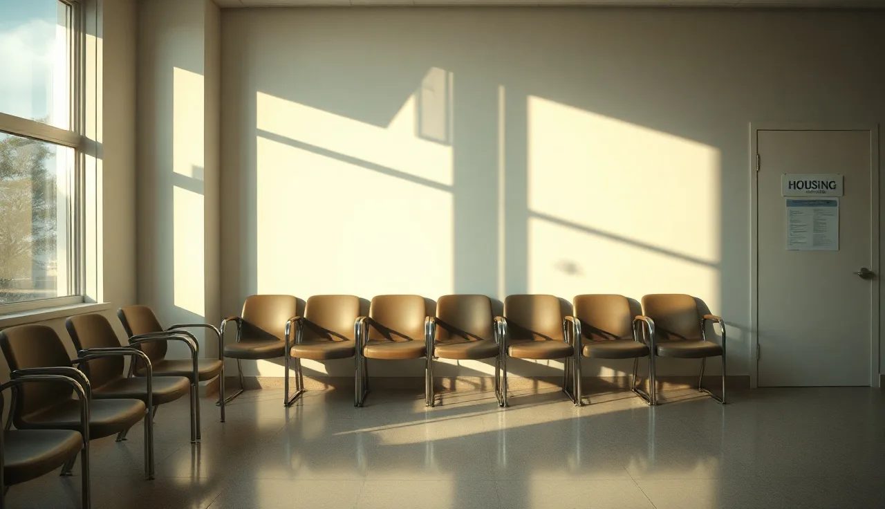 Empty waiting room at a local housing authority office with afternoon light