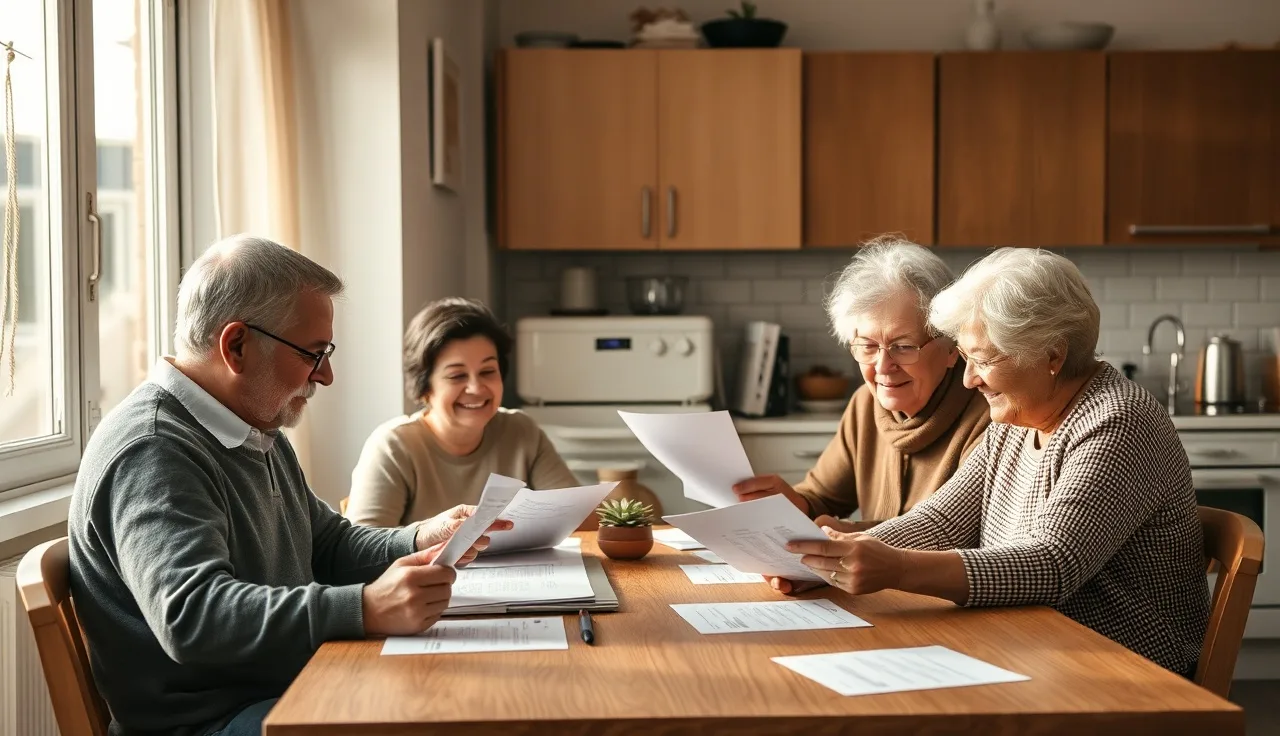 Multigenerational family reviewing documents at a kitchen table in a modest apartment