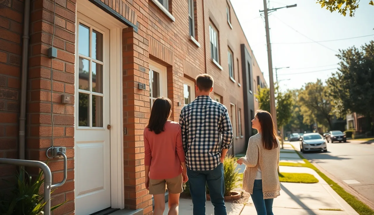 Family at apartment building entrance holding keys, Section 8 housing move-in