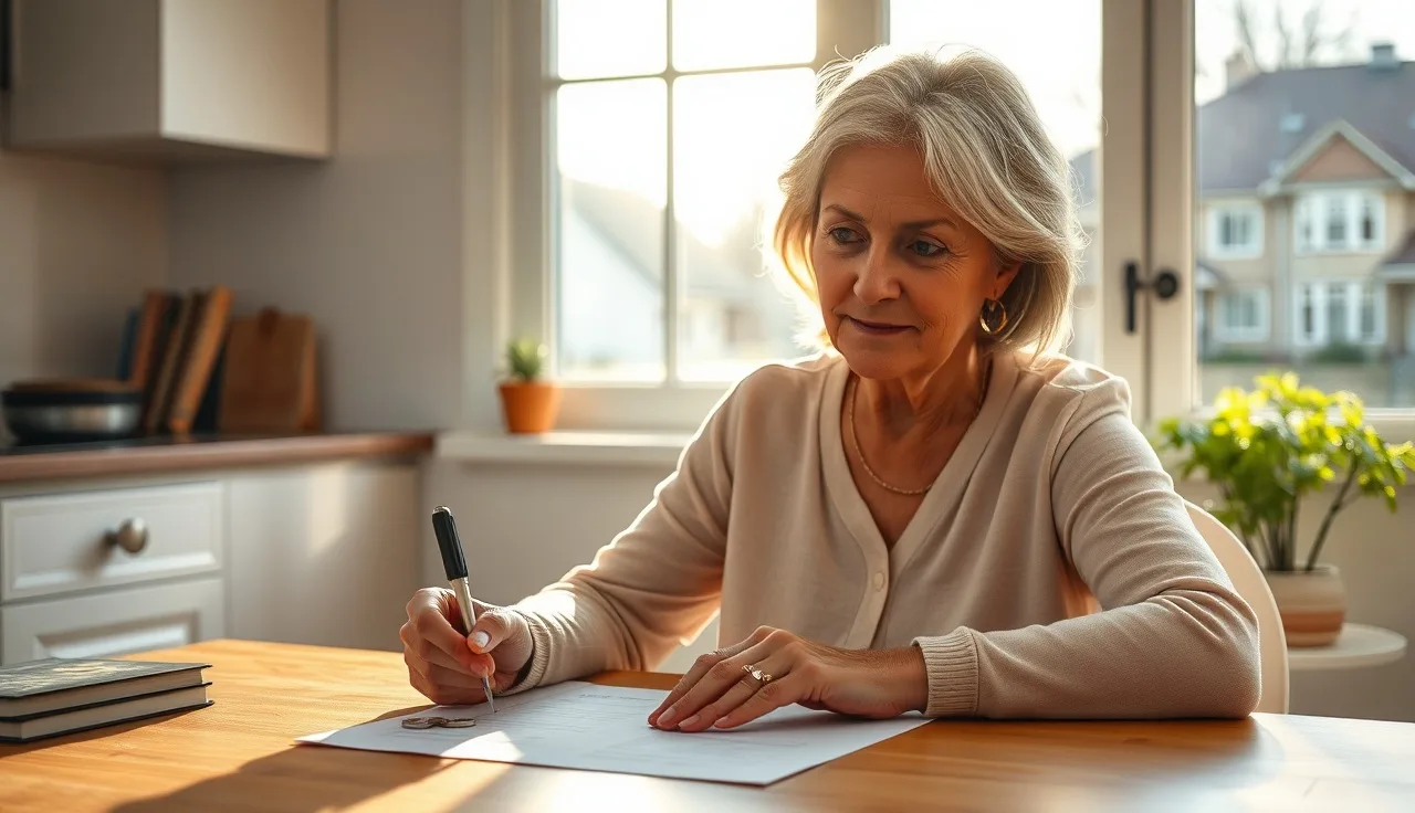 Woman signing home sale documents with house keys on a kitchen table
