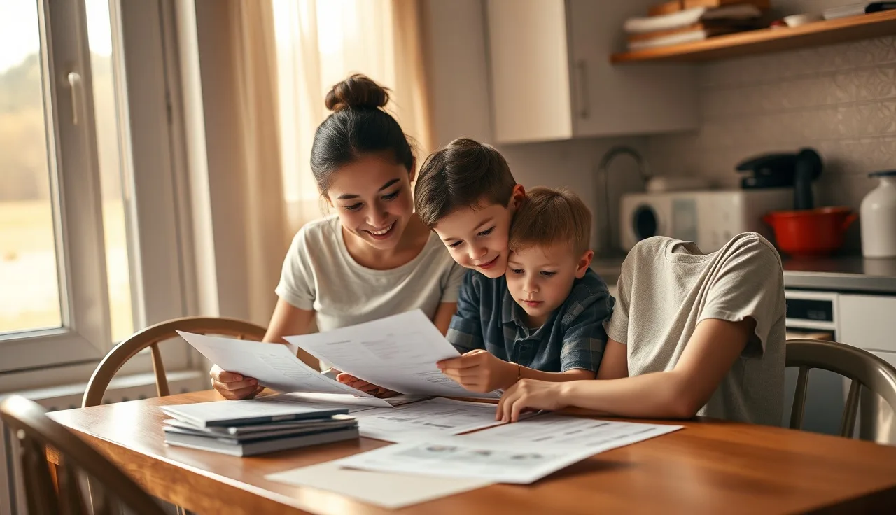 Mother and children at kitchen table reviewing family housing paperwork together