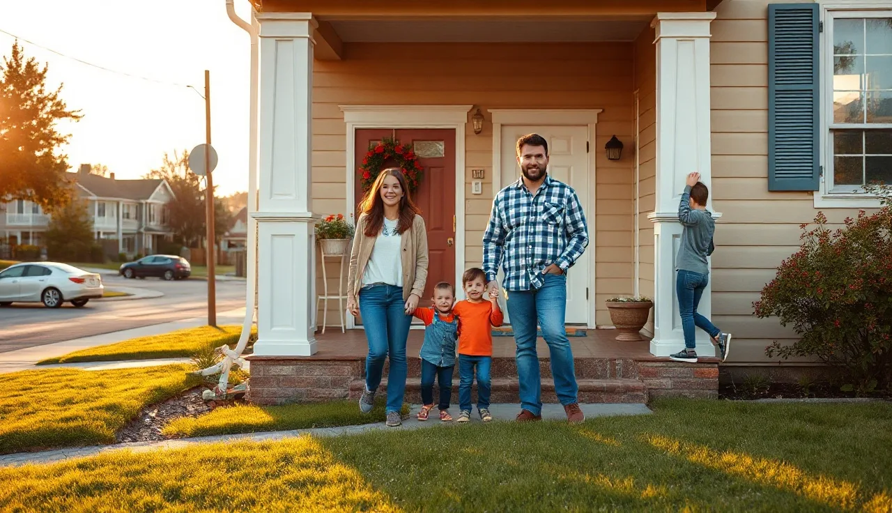 Family on porch of modest suburban home they own with homeownership voucher assistance