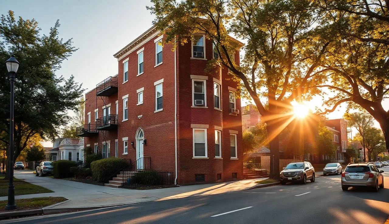 Brick apartment building on a residential street at golden hour, section 8 rental housing