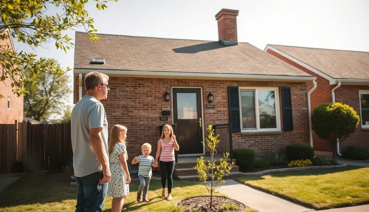Family holding house keys outside newly purchased home using Section 8 voucher