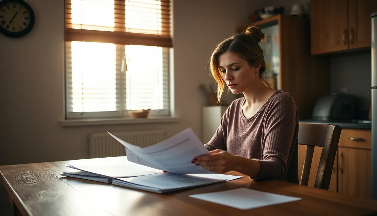 Woman reviewing housing paperwork at kitchen table while enrolled in self-sufficiency program