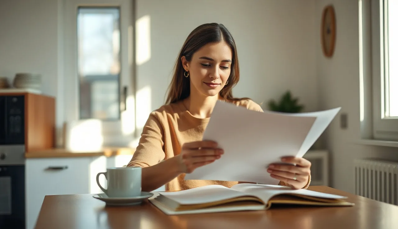 Woman reviewing Section 8 housing application documents at a kitchen table