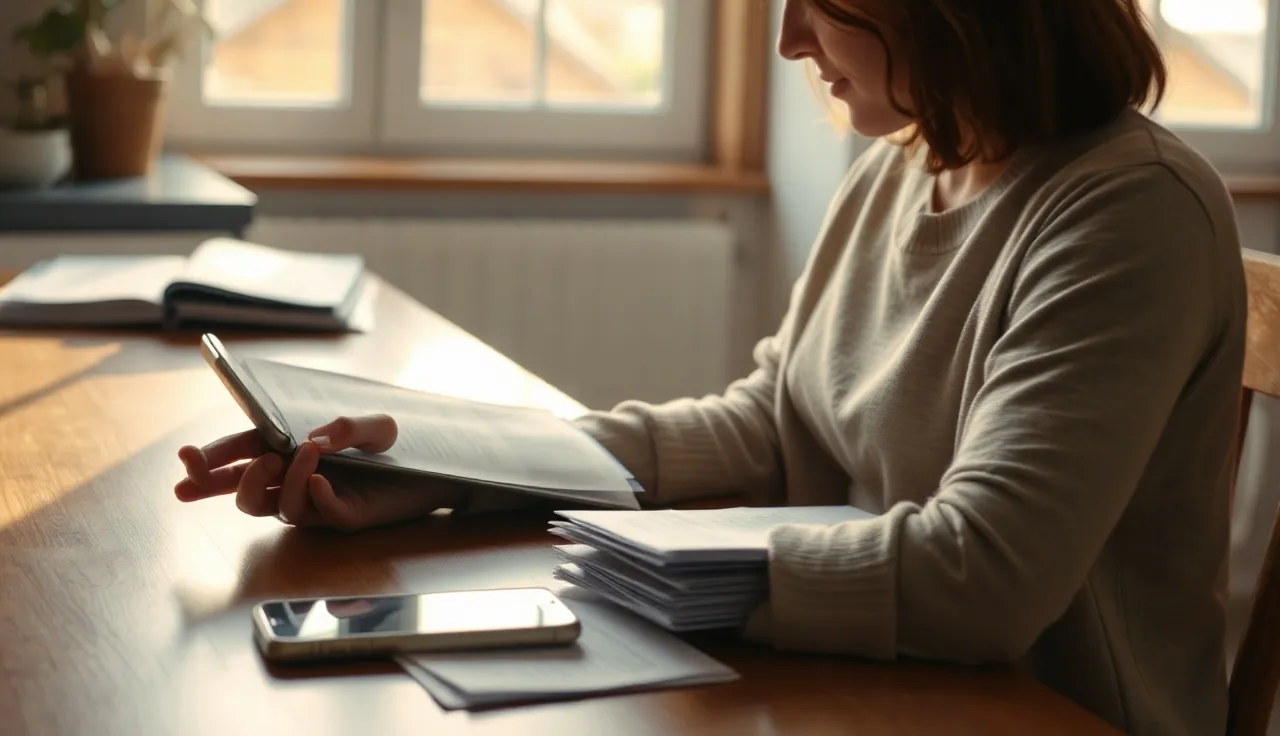 Person sorting housing documents at a kitchen table with morning light