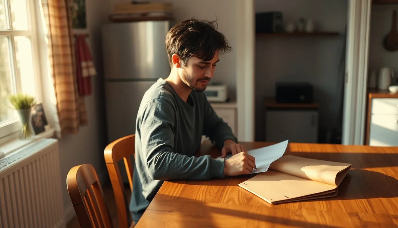 Person writing a housing voucher extension request letter at a kitchen table
