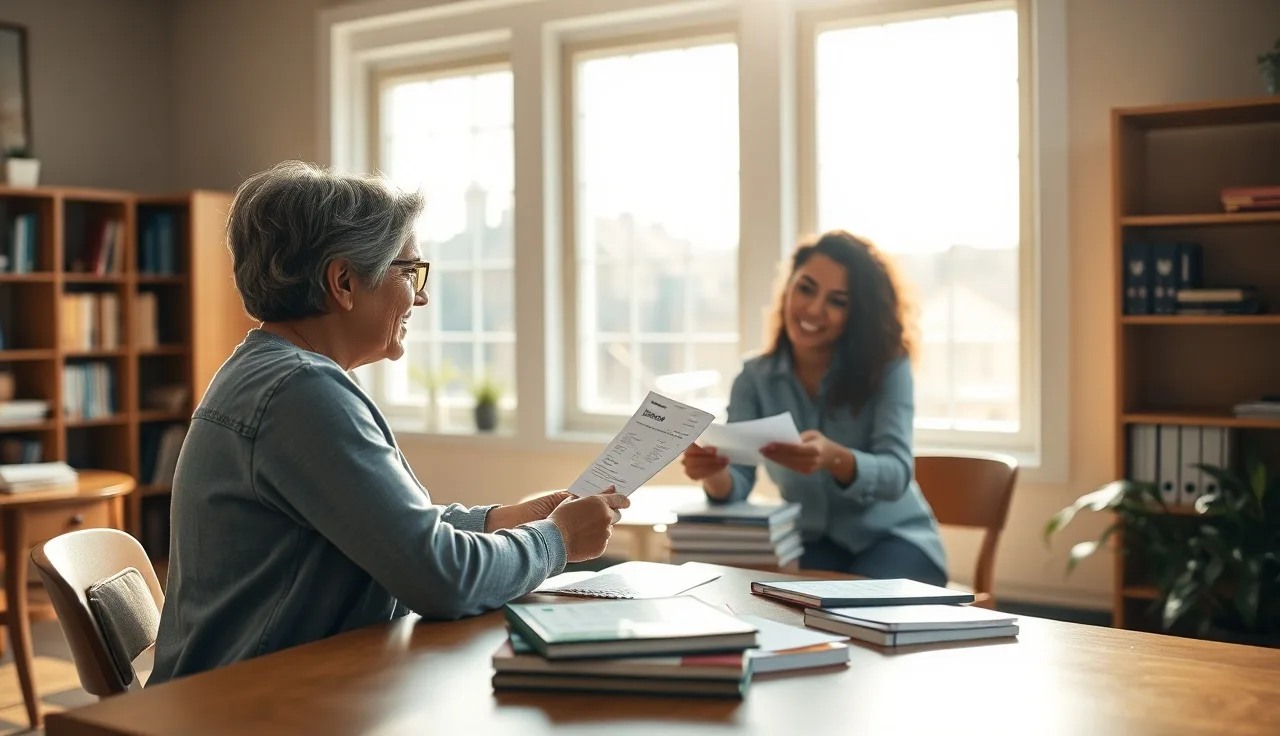 Housing case manager helps a young woman review emergency voucher documents at a table