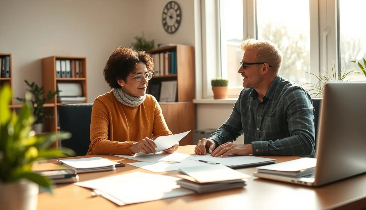 Housing counselor meeting with a couple at a desk in a sunlit office