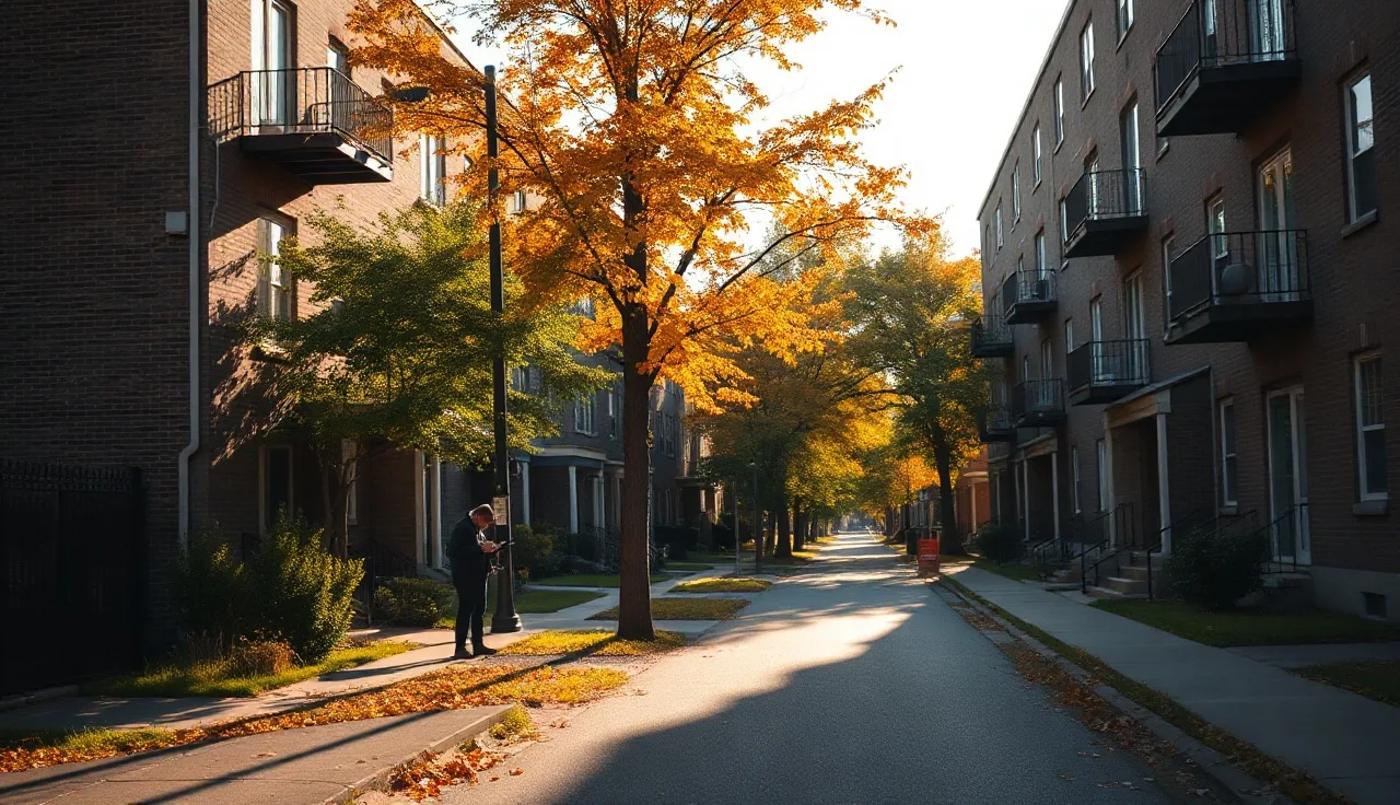 Brick apartment buildings on a residential street with a tenant checking a mailbox
