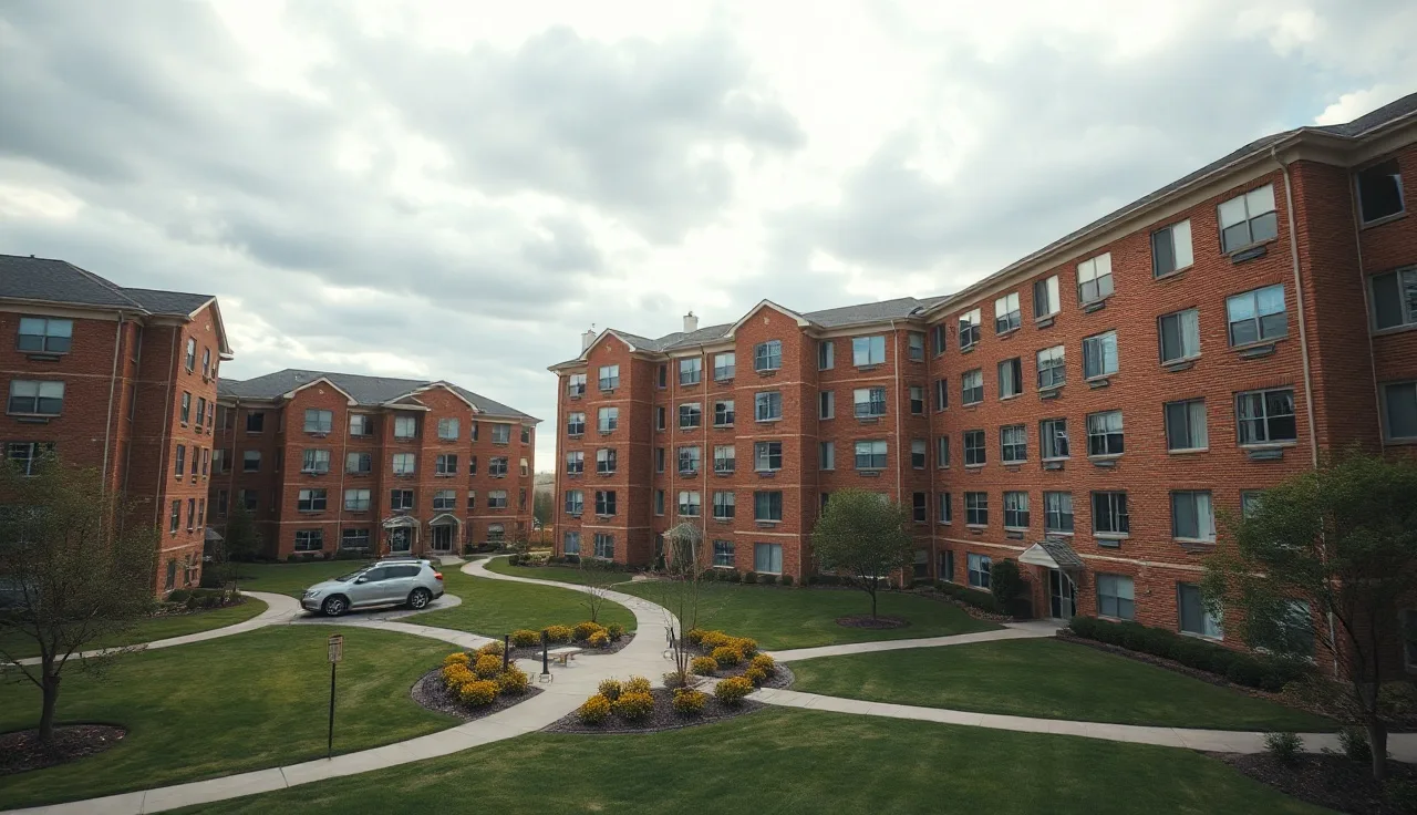 Brick apartment complex at golden hour with courtyard, representing HUD-assisted housing