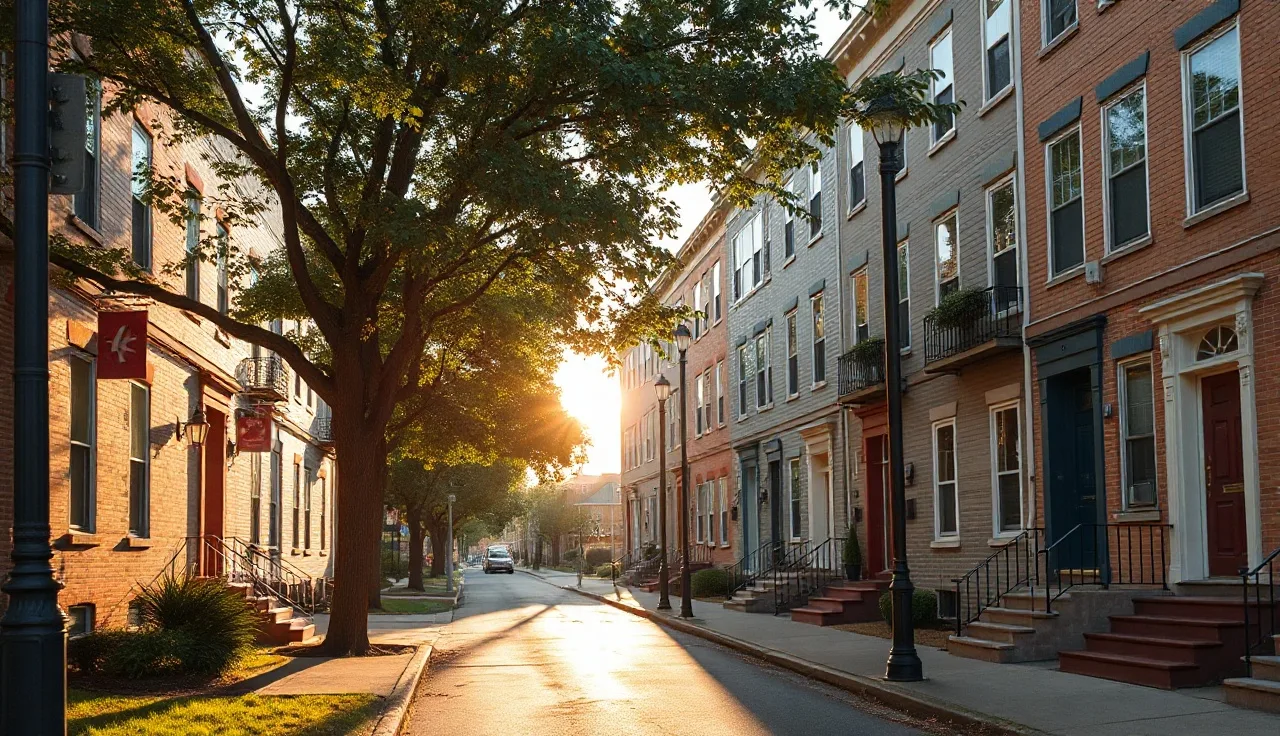 Residential apartment buildings on a quiet street in late afternoon light