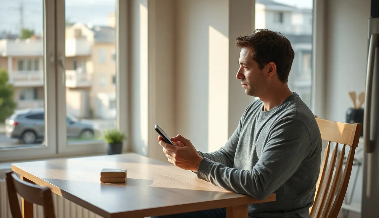 Person searching for Section 8 housing on a smartphone at a kitchen table