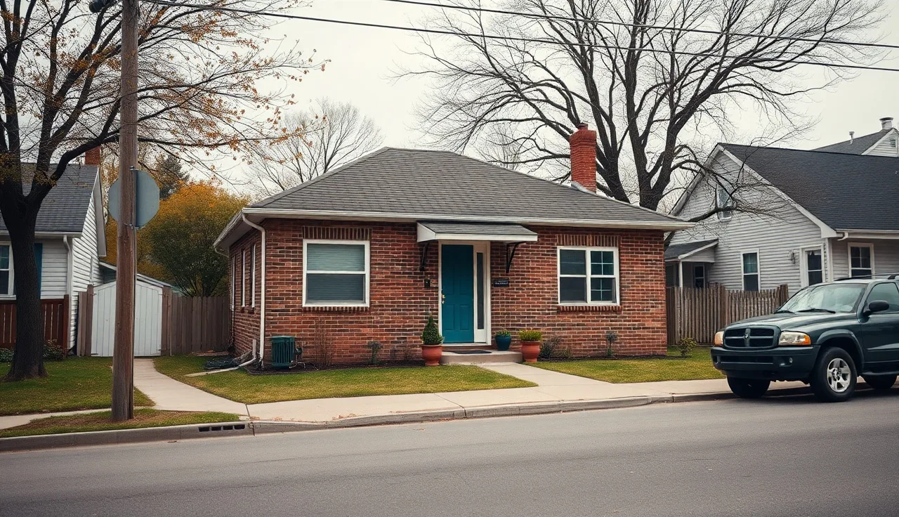A modest brick house on a quiet residential street with an open front door