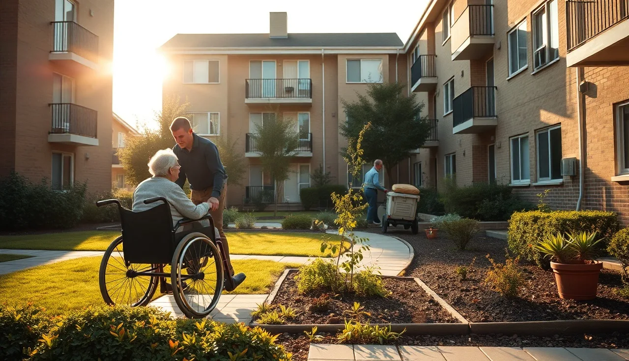 Older woman in wheelchair in sunny apartment complex courtyard with garden
