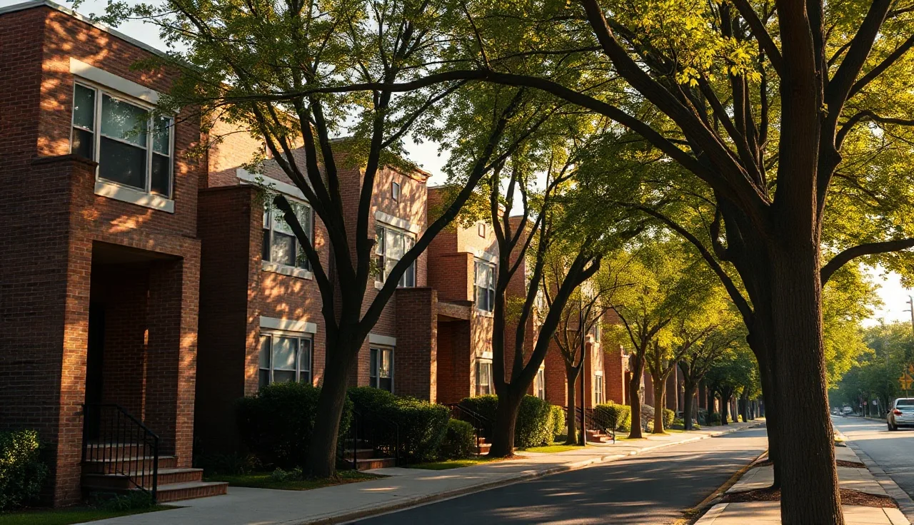 Brick apartment buildings on a quiet street in afternoon sunlight