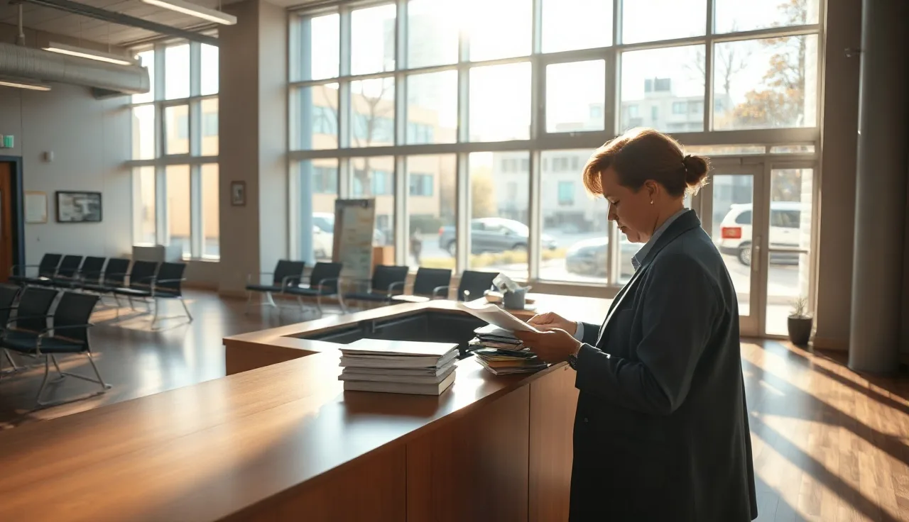 Housing authority office counter with a clerk sorting paperwork in morning light