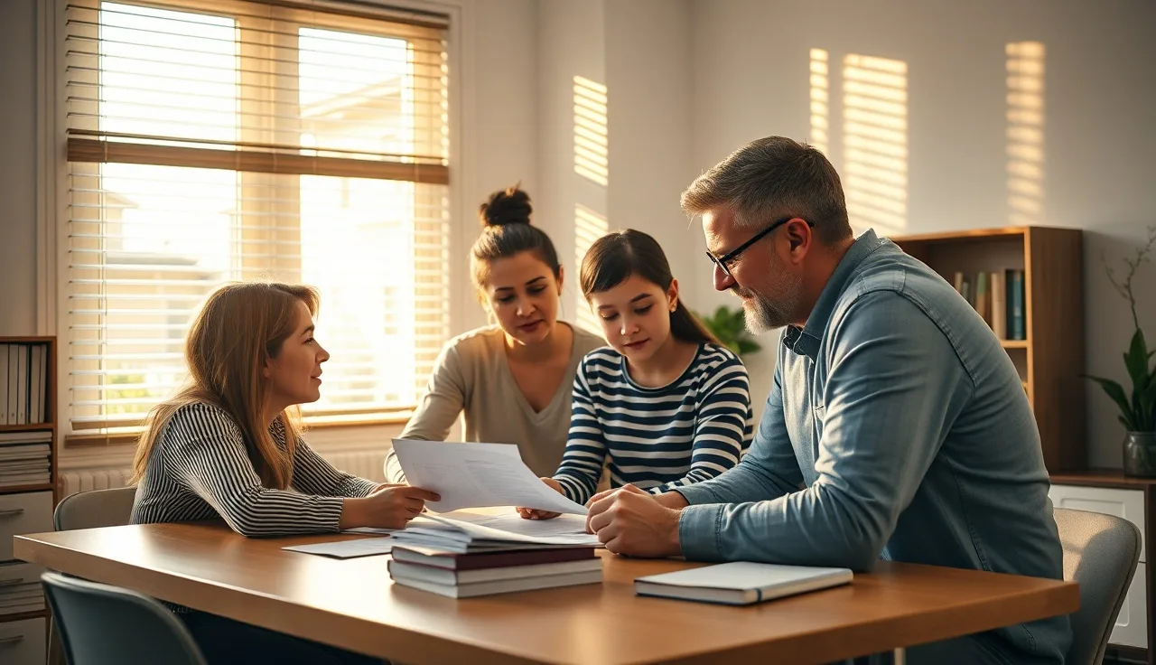 Housing counselor meeting with a family at a community office desk