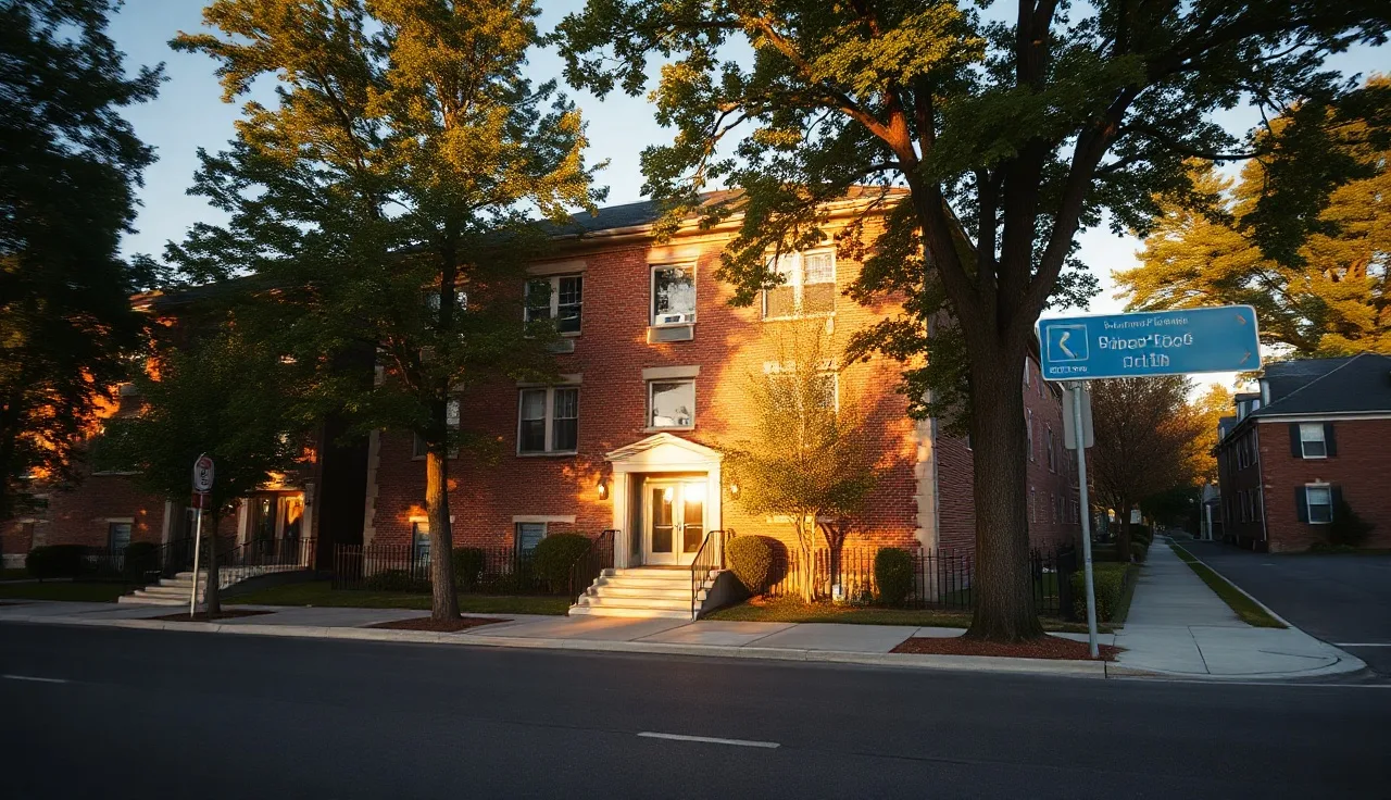 Brick apartment building on a residential street at golden hour, representing affordable HUD housing