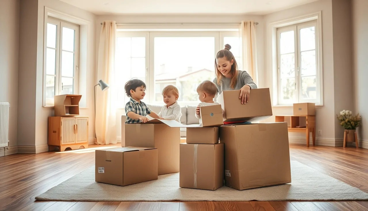 Single mother and two young children unpacking boxes in a new apartment