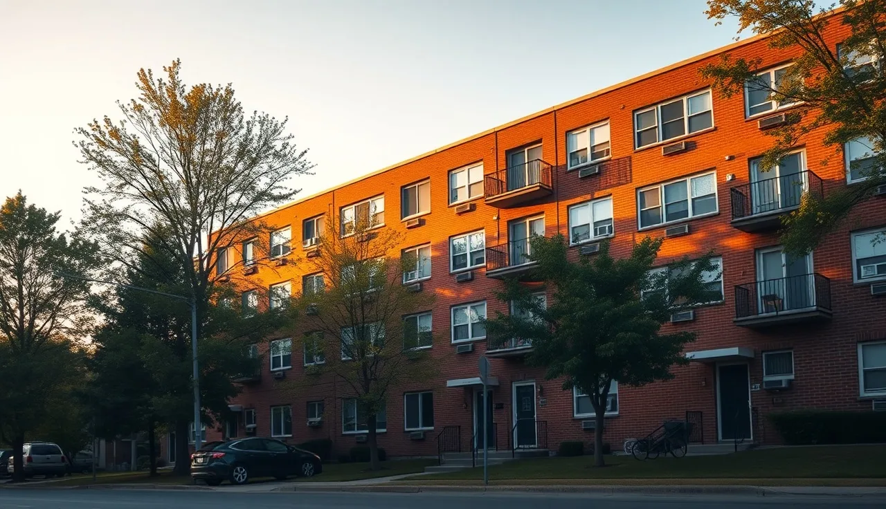 Brick affordable housing apartment complex at golden hour with mature trees in foreground