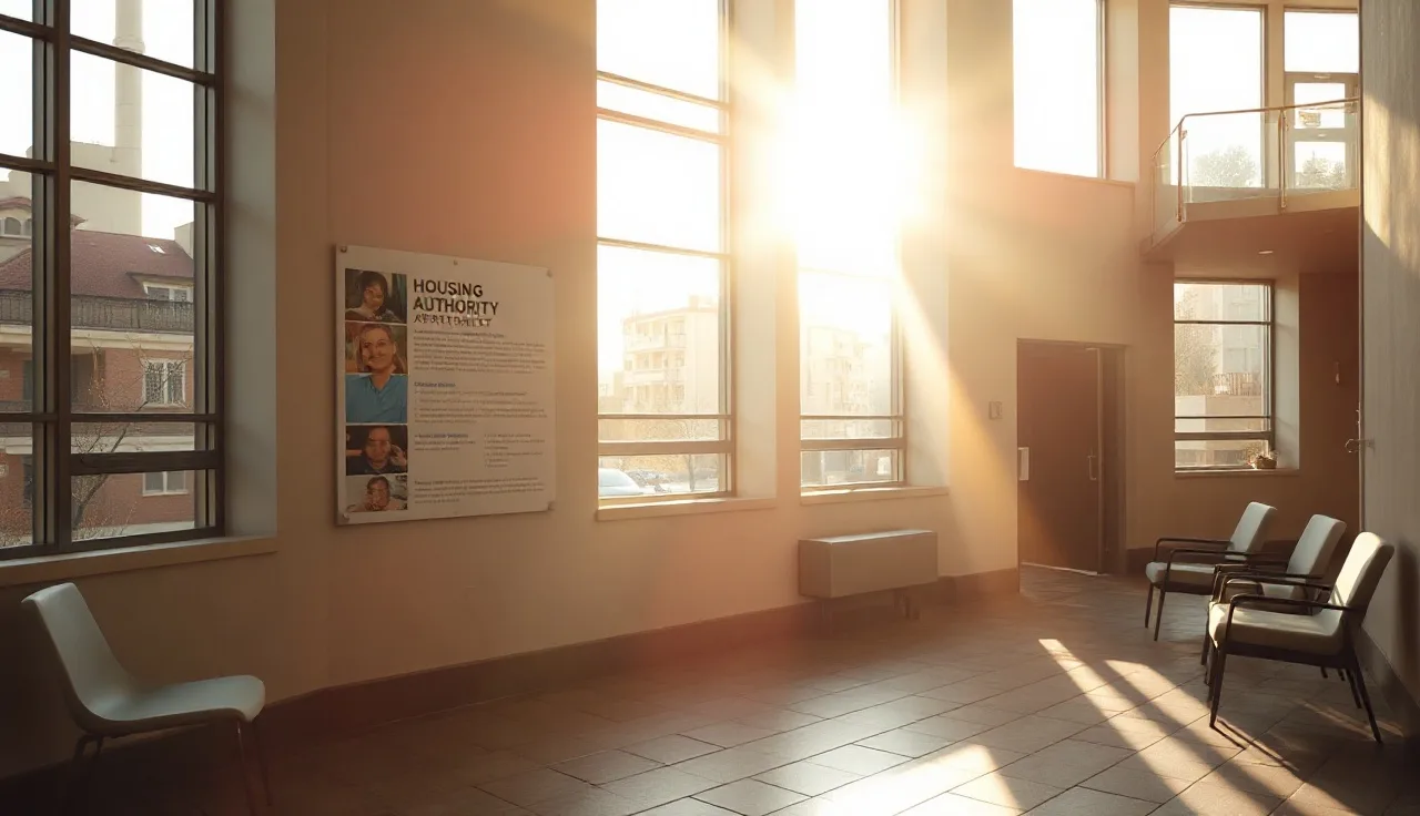 Sunlit housing authority lobby with information board and empty waiting chairs