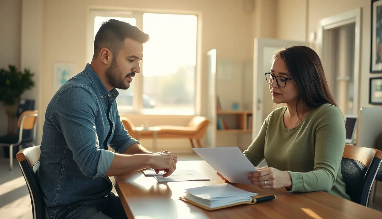 Housing counselor and tenant reviewing HUD housing handbook documents at a table