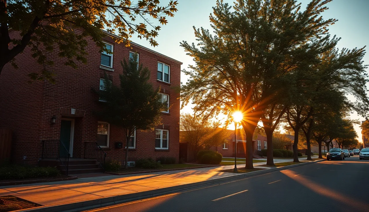 Brick apartment building on a quiet residential street at golden hour