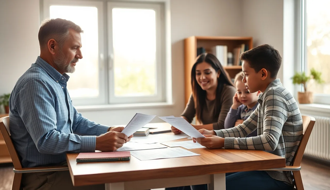 Caseworker helping a family review HUD housing income limit documents at a desk