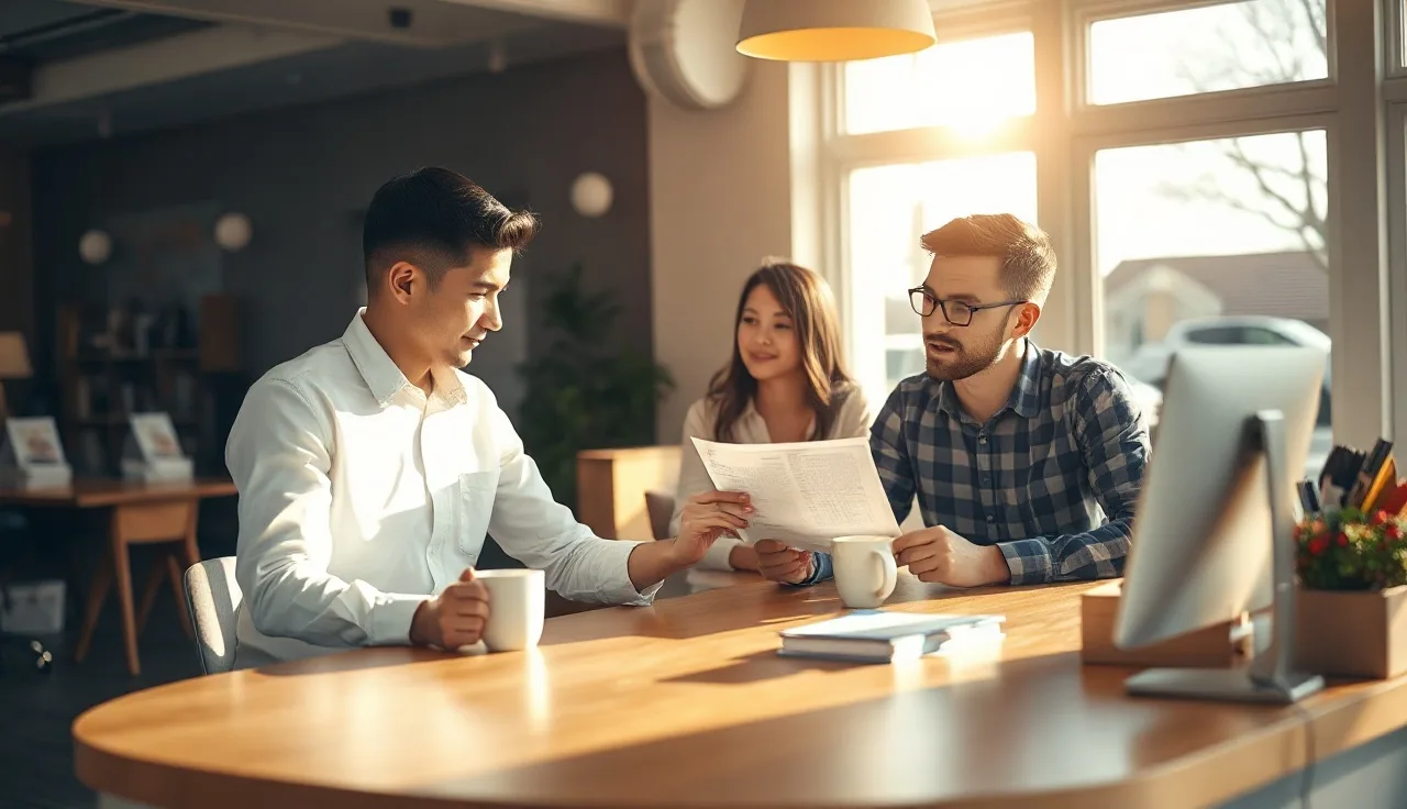 Loan officer reviewing mortgage documents with homebuyers at a bank desk