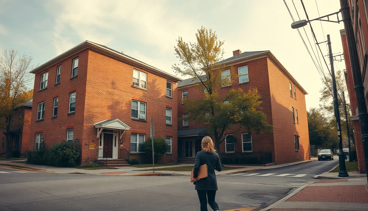 Woman approaching apartment building entrance in an urban neighborhood, HUD housing