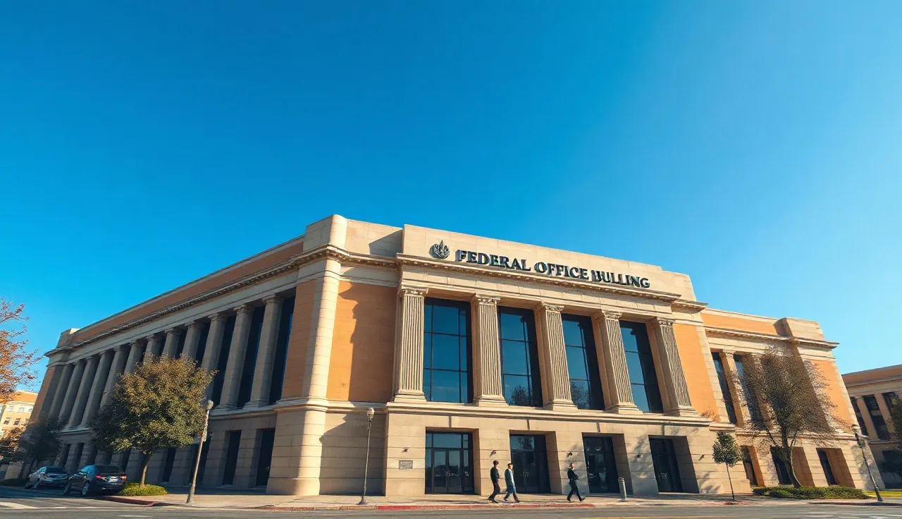 Federal office building exterior on a clear day, people walking on sidewalk below
