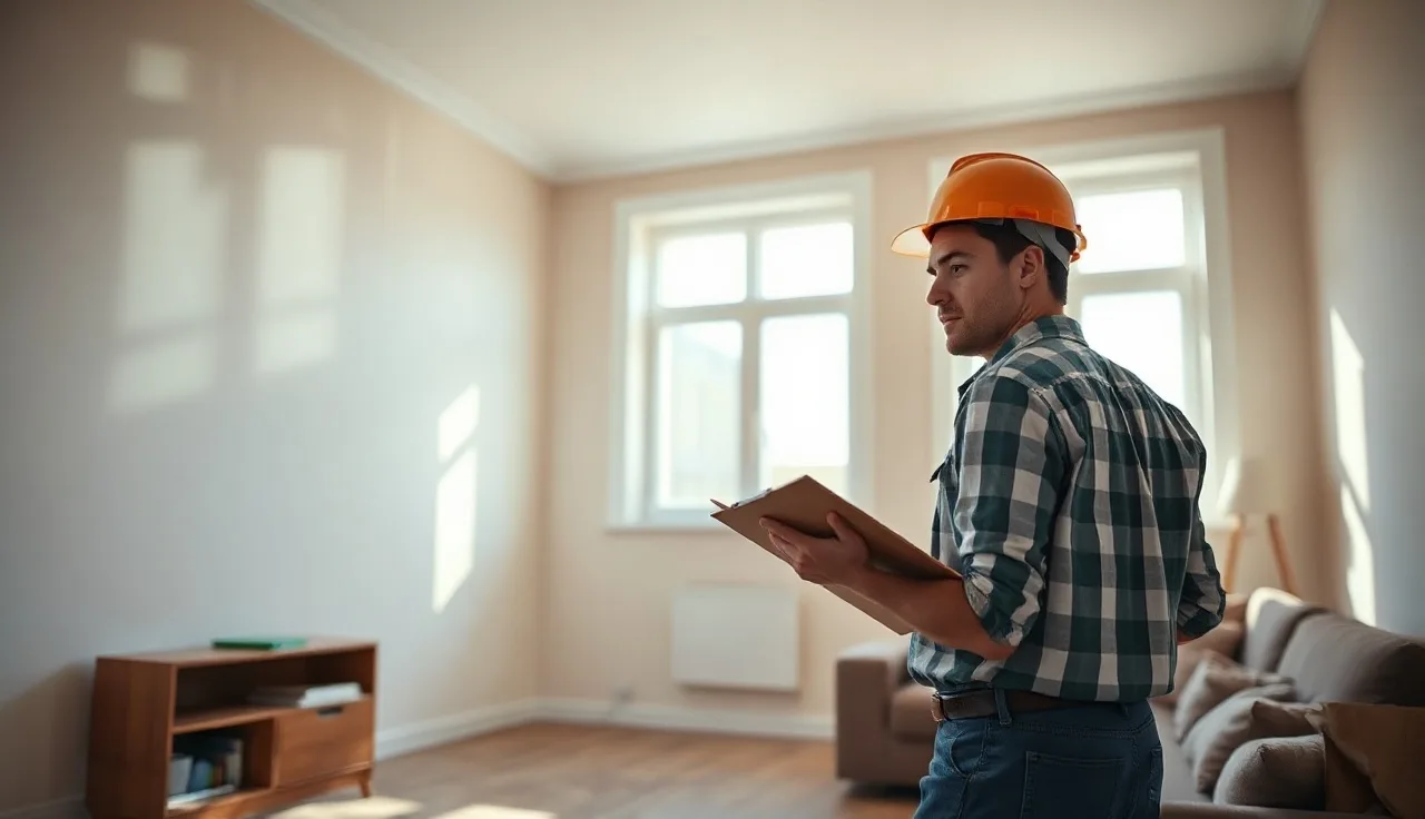 Housing inspector examining apartment interior under HUD housing regulations
