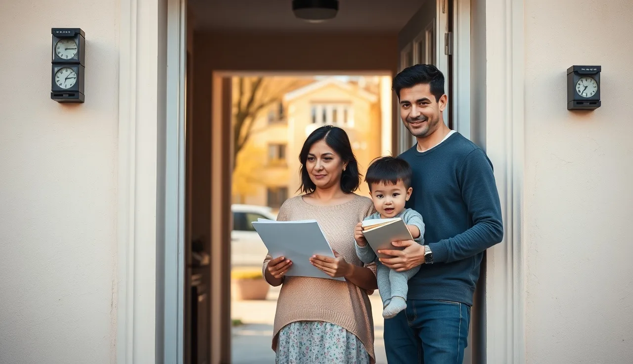 Family standing at apartment doorway holding housing documents on a sunny morning