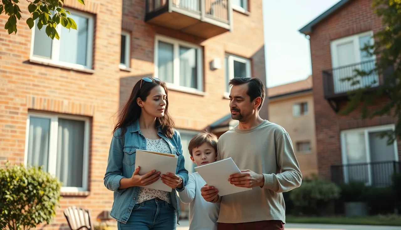 Family standing outside an apartment building with housing paperwork in hand
