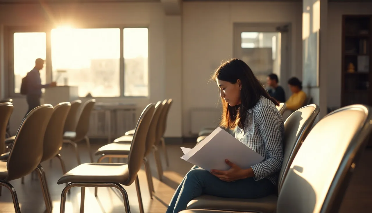 Woman waiting in housing office holding documents for Section 8 verification appointment