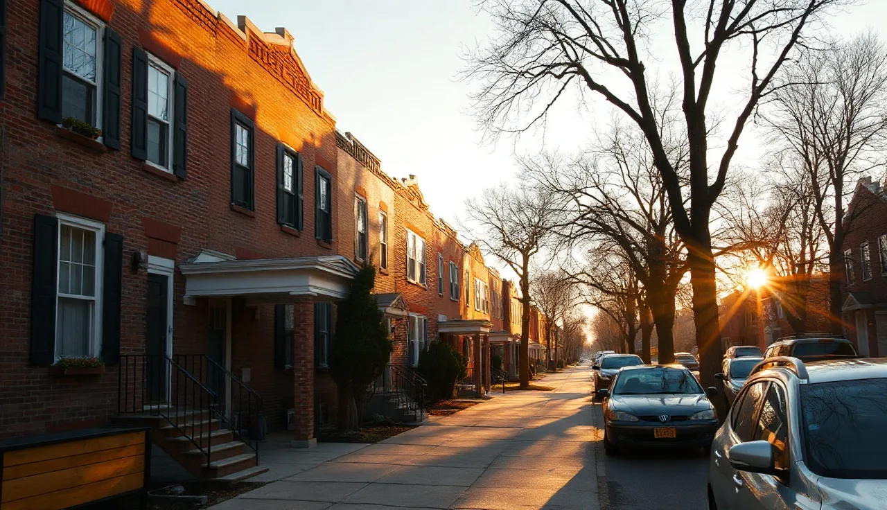 Brick apartment buildings on a residential street in afternoon light, representing federal rental assistance housing