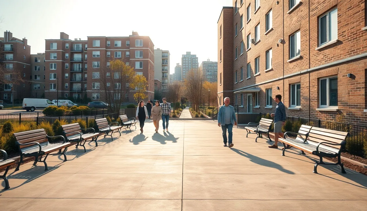 Brick mid-rise public housing complex with residents walking through sunlit courtyard