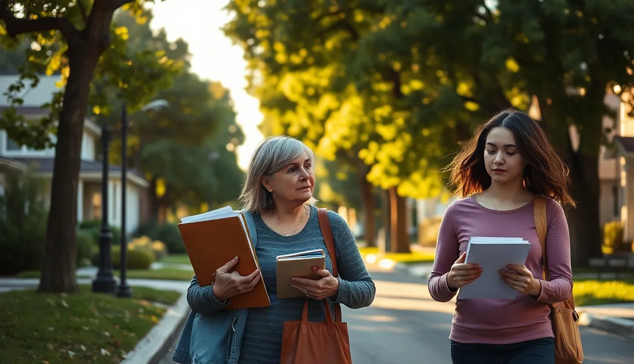 Mother and daughter walking with paperwork on a residential street, housing voucher search
