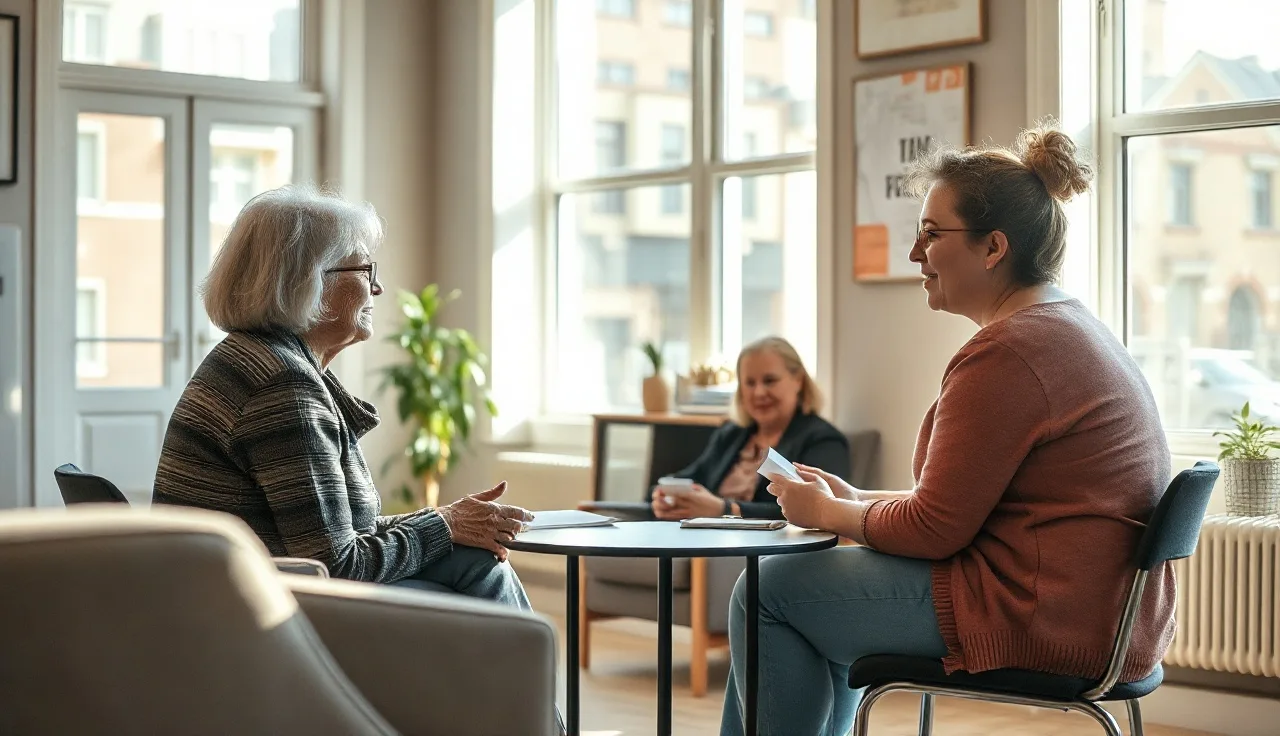 Elderly woman talking with housing staff member in a sunny Section 202 senior apartment common room
