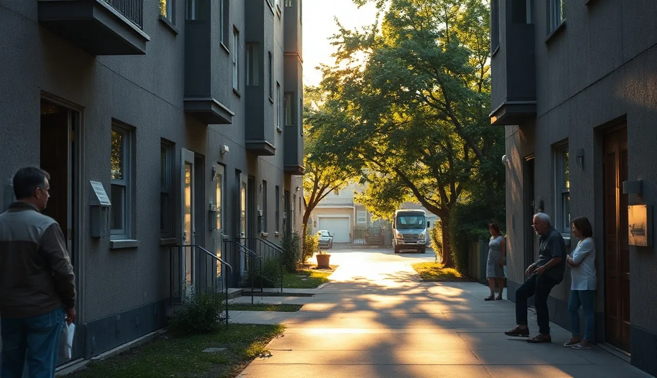 Sunlit apartment building walkway with residents visible, representing HUD subsidized housing