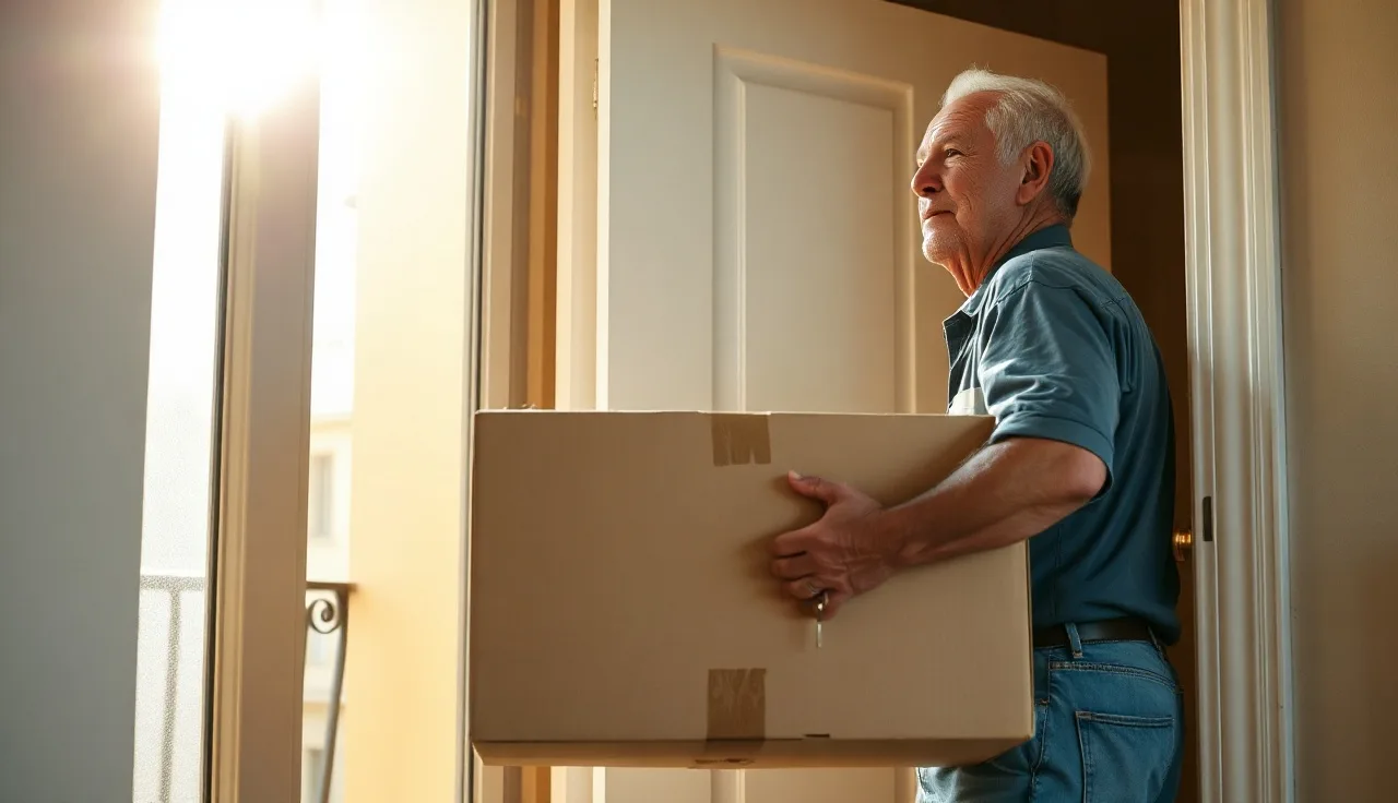 Veteran carrying moving box into new apartment doorway with key in lock